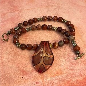 Red jasper beaded choker with tear drop art glass pendant red, brass, and black